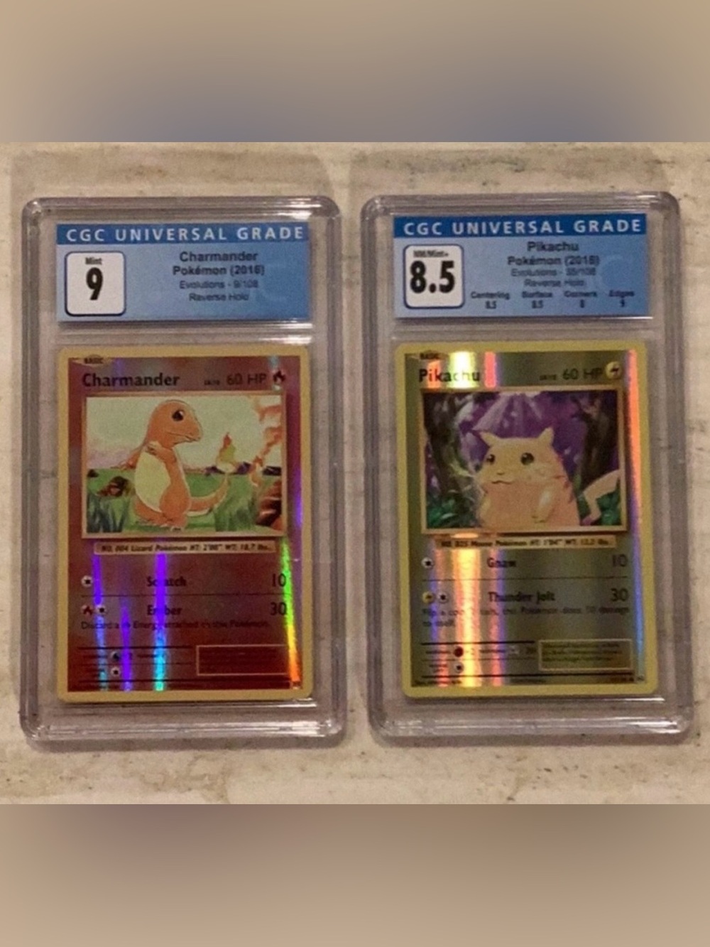 Pokemon Pikachu 35/108 Reverse Holo & Charmander 9/108 CGC 9 XY Evolutions 2016